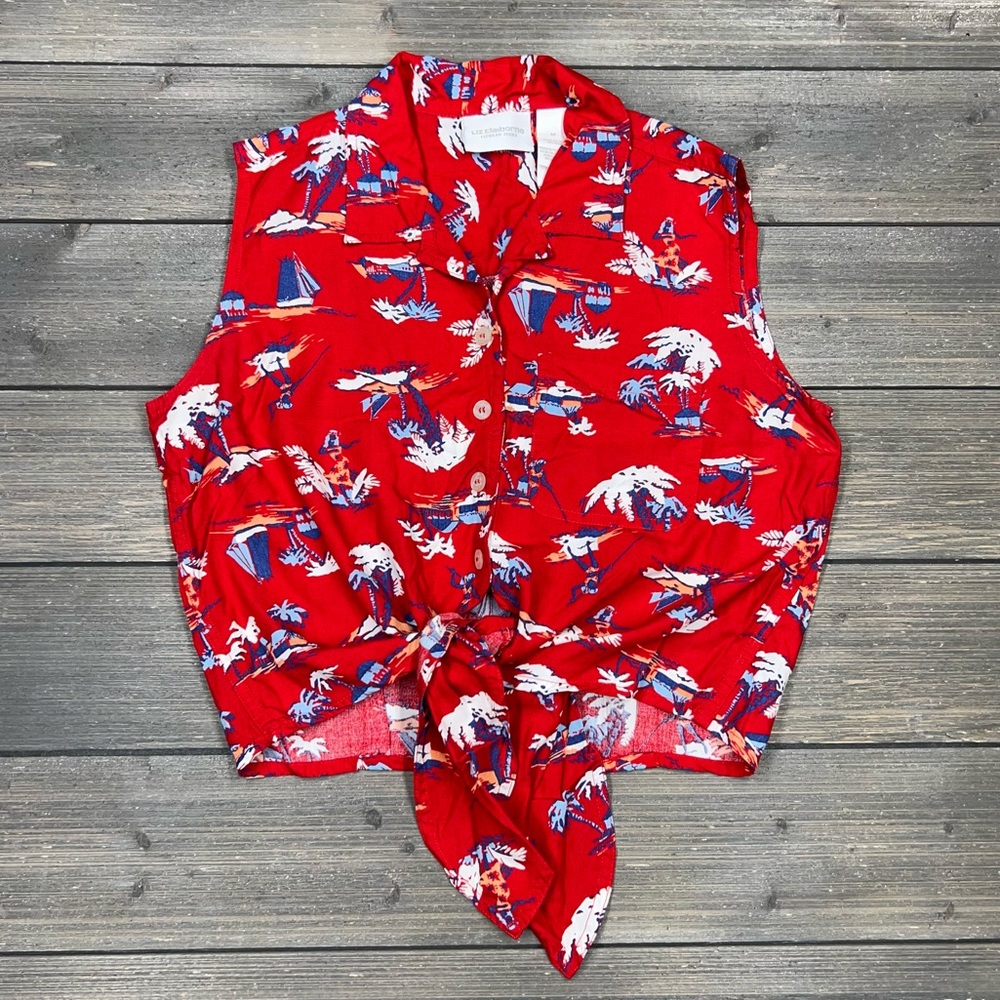 Vintage Button Up Crop Top Red Palm Tree Print